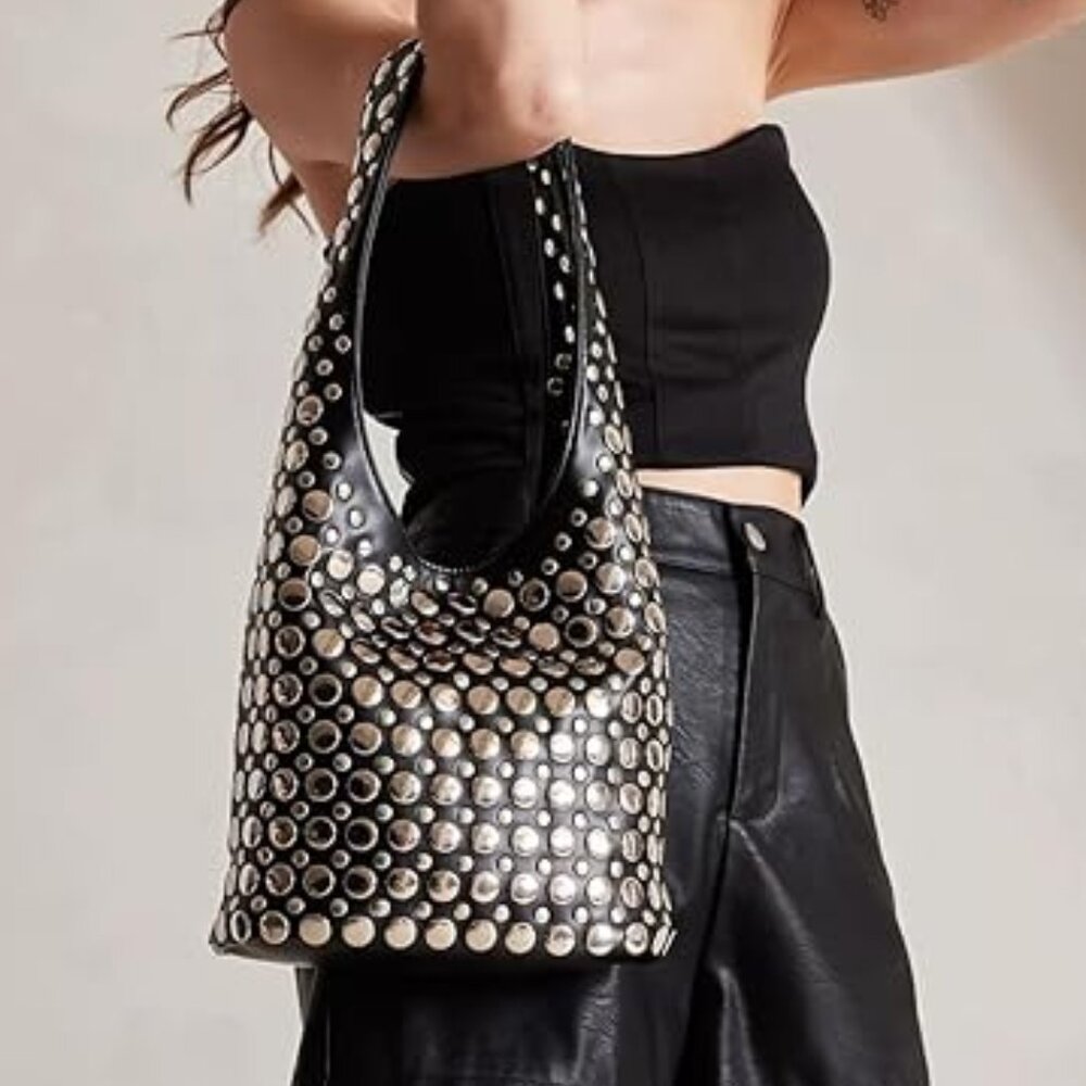 Neiman Marcus Studded Y2K Rivet Hobo Bucket Purse
